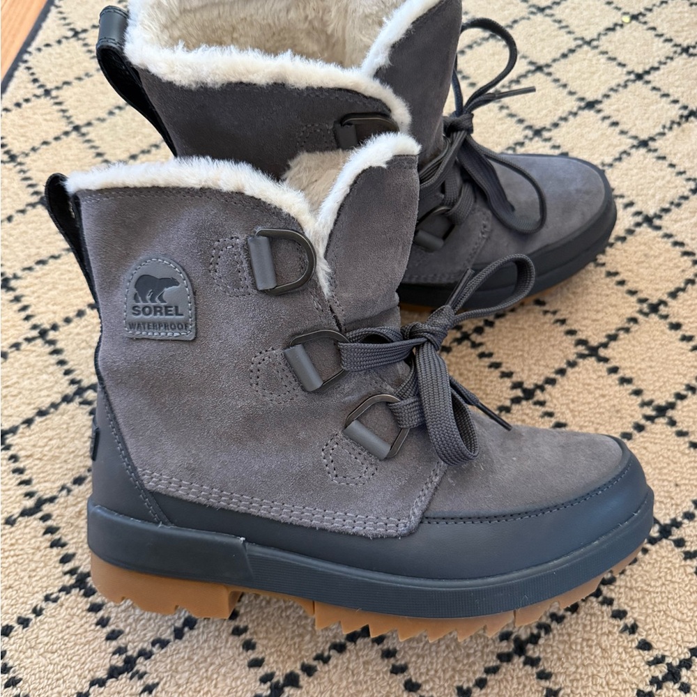 Brand new never worn Sorel winter boots. Charcoal & Black with Tan Sole size 8.5